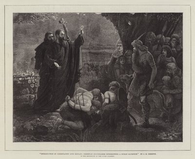 Introducción del cristianismo en Gran Bretaña, misioneros cristianos interrumpiendo un sacrificio humano, en la exposición de la Real Academia de James Elder Christie